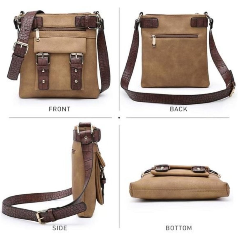 Women's Soft Vegan Leather Messenger Bag Khaki - Picture 4 of 6
